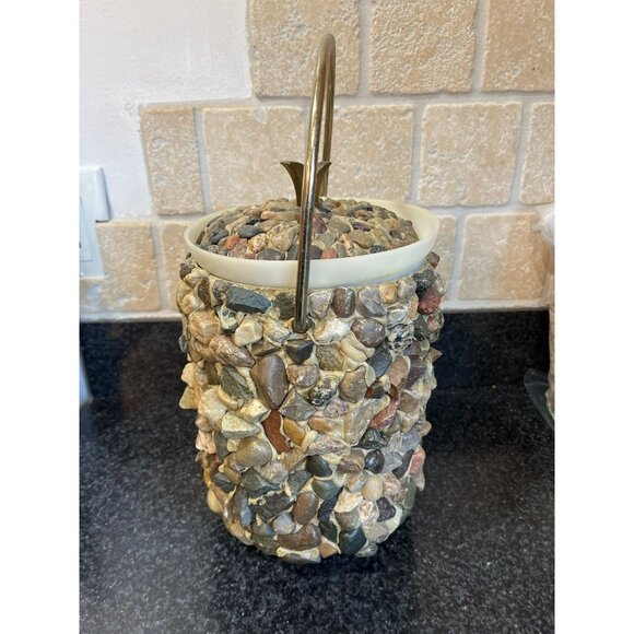 Vtg Ice Bucket Handmade Hand Placed Rocks Stones Pebbles Ice Bucket With Gold - Picture 4 of 10